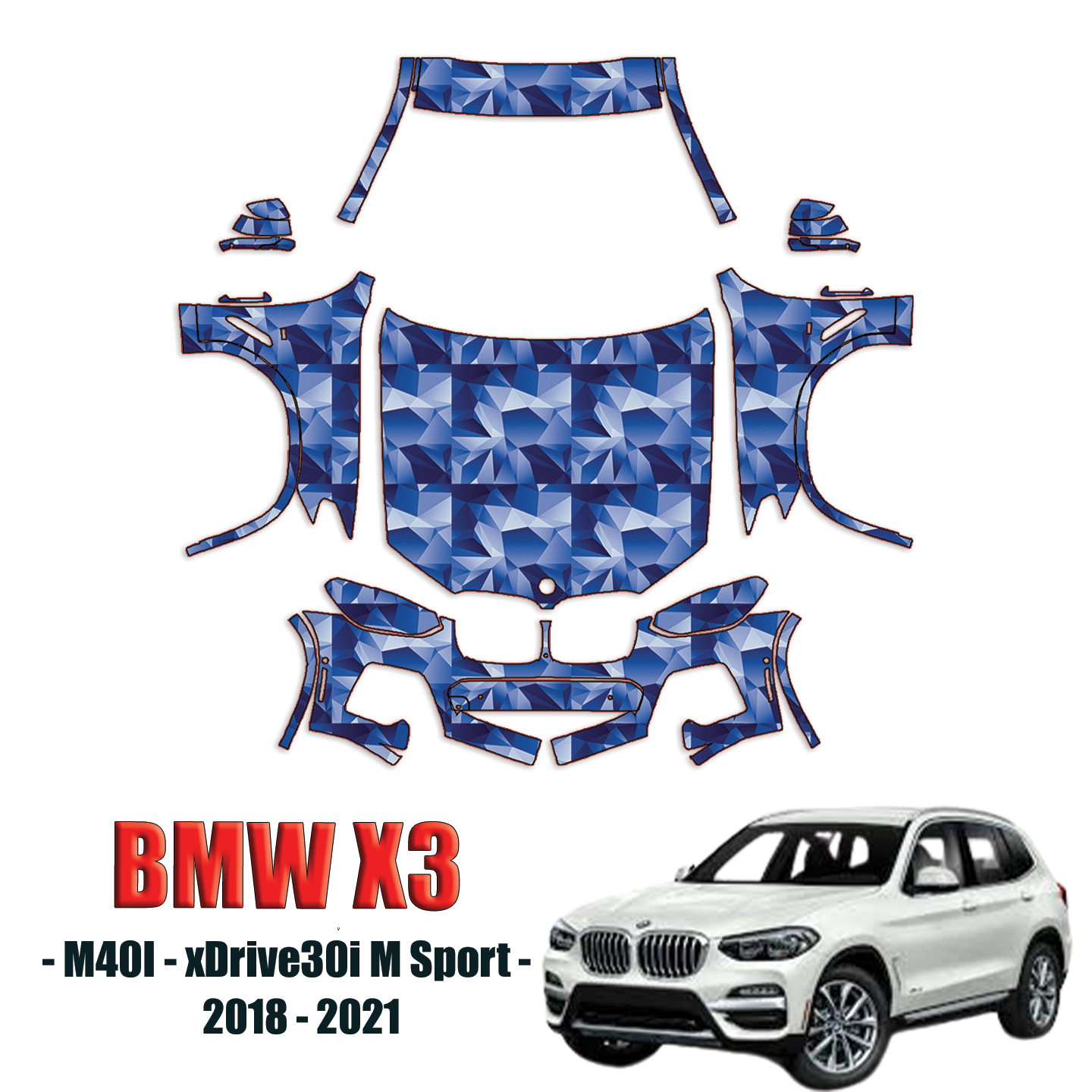 2018-2021 BMW X3 – M40i, x Drive30i M Sport Precut Paint Protection Kit – Full Front  ( New )