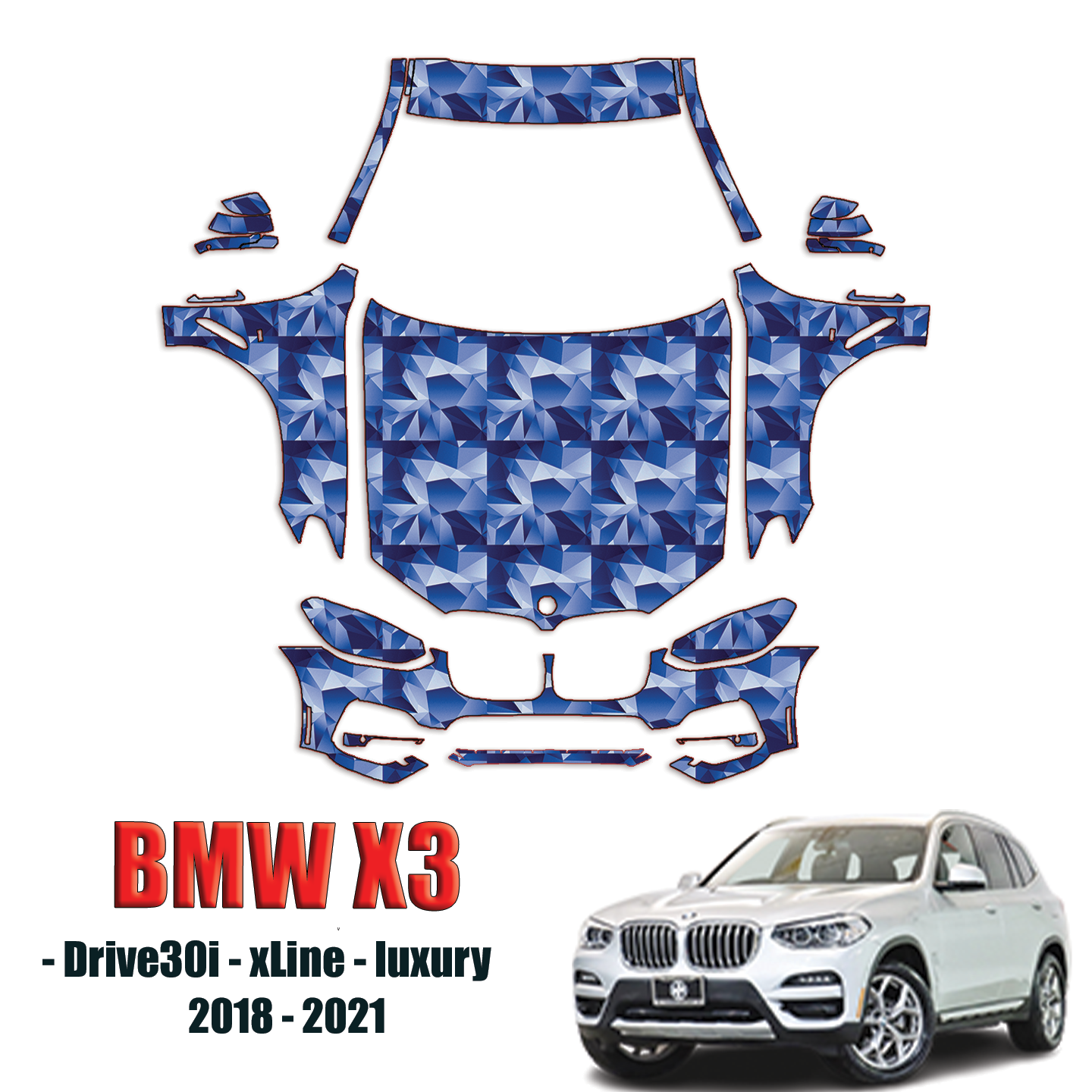 2018-2021 BMW X3 – xDrive30i, xLine, Luxury Precut Paint Protection Kit – Full Front  ( New )