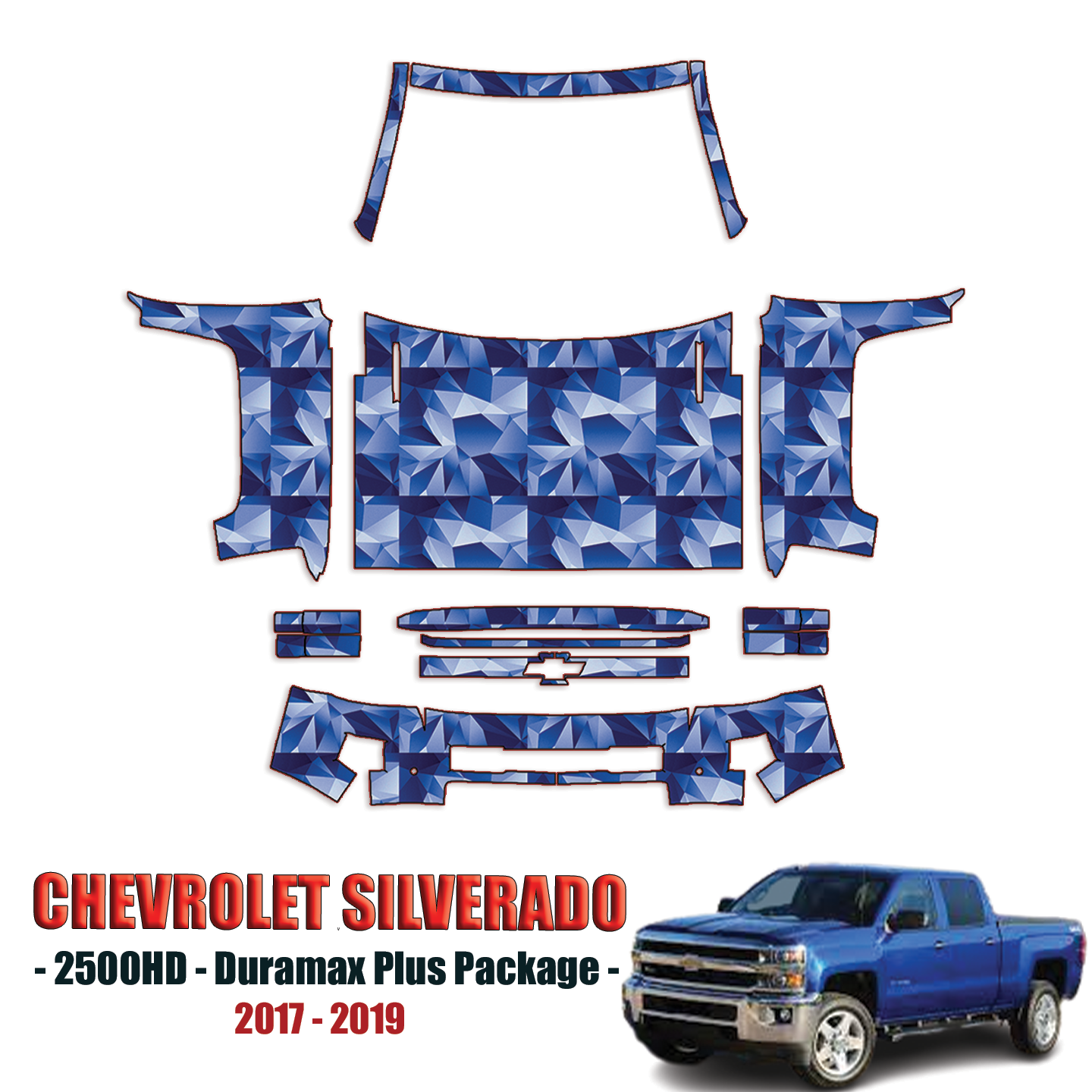2017-2019 Chevrolet Silverado 2500HD – Duramax Plus Package Precut Paint Protection Kit – Full Front + A Pillars + Rooftop