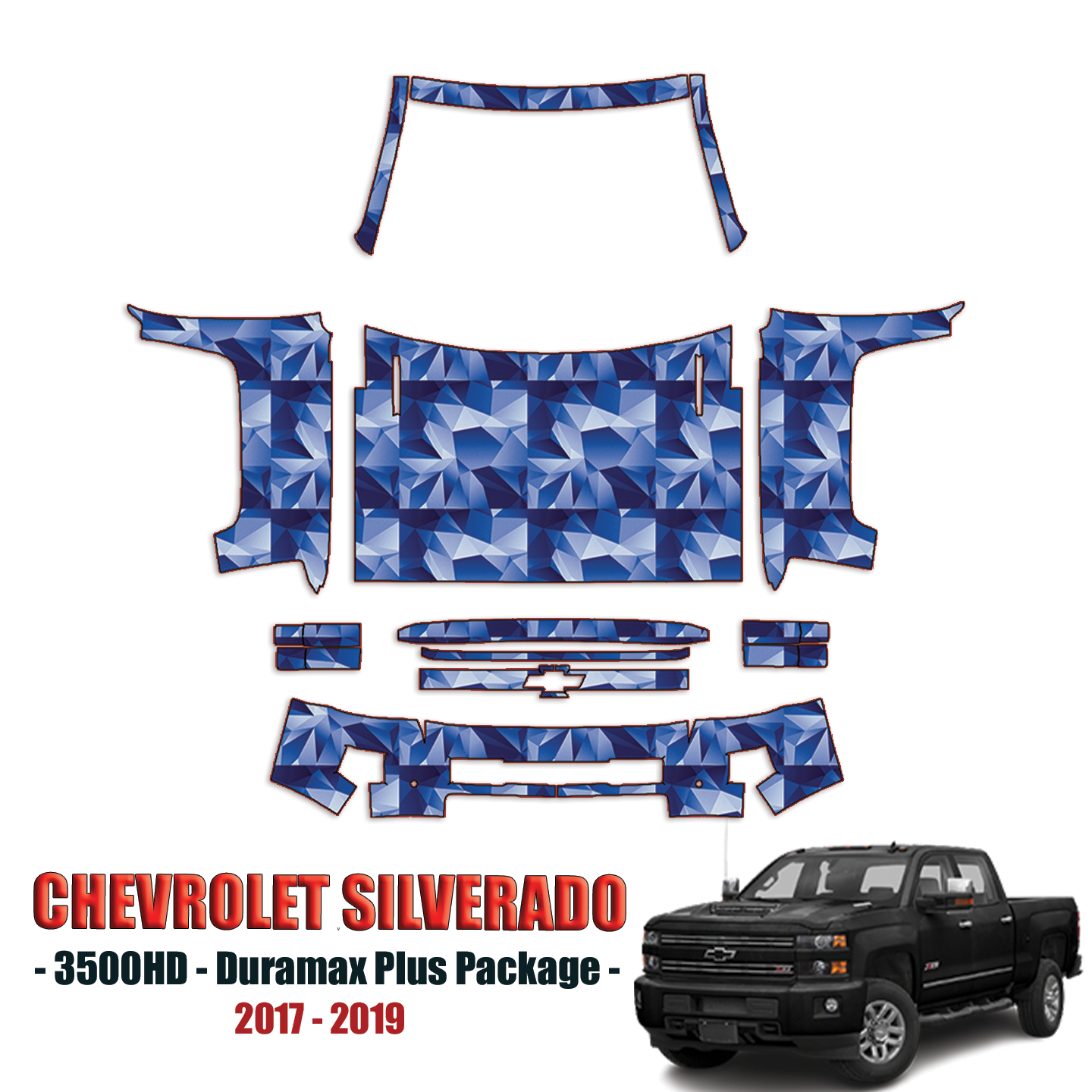 2017-2019 Chevrolet Silverado 3500HD – Duramax Plus Package Precut Paint Protection Kit – Full Front + A Pillars + Rooftop