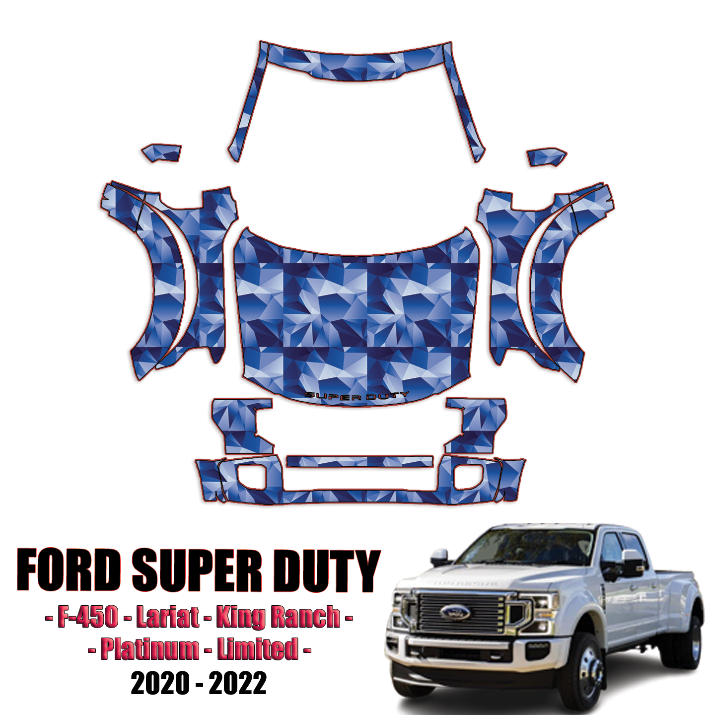 2020-2022 Ford F-450 Super Duty – Lariat, King Ranch, Platinum, Limited Pre Cut Paint Protection Kit – Full Front + A Pillars + Rooftop