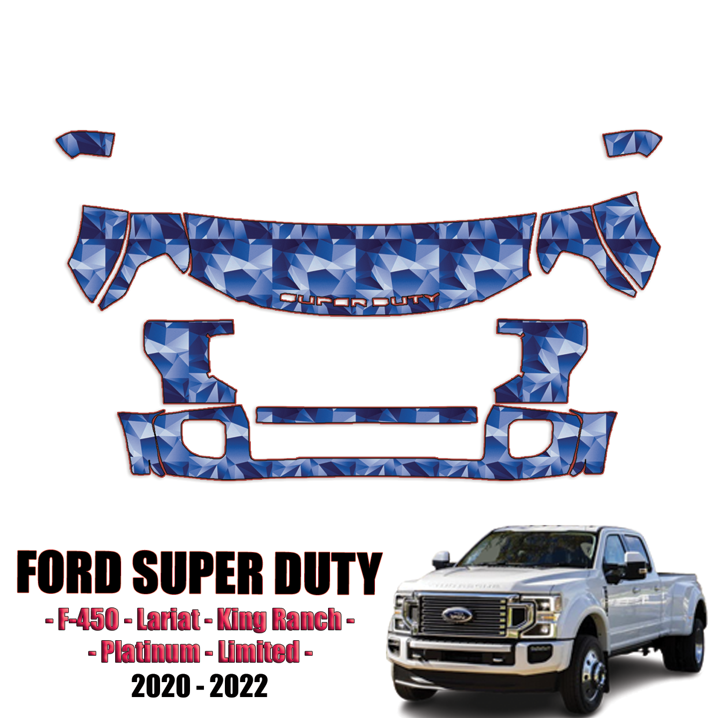2020-2022 Ford F-450 Super Duty – Lariat, King Ranch, Platinum, Limited Pre Cut Paint Protection Kit – Partial Front