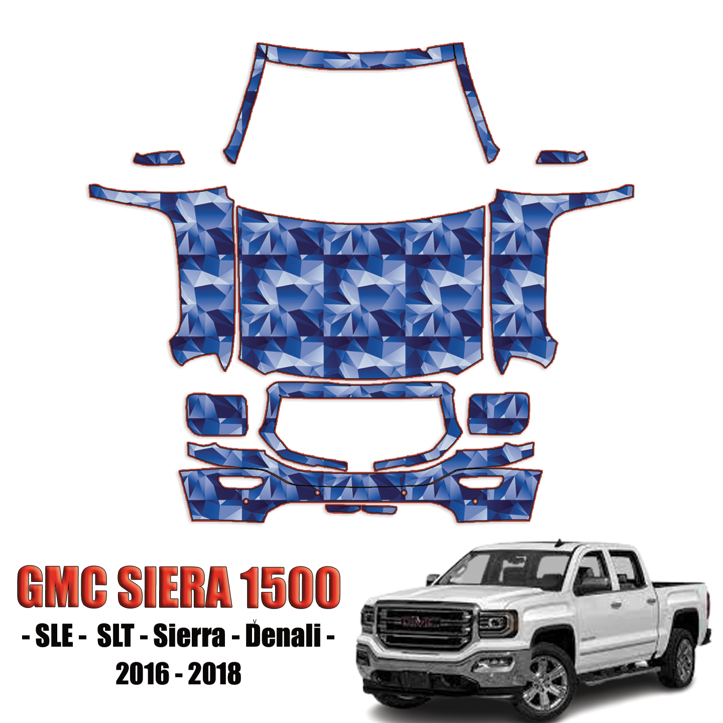 2016-2018 GMC Sierra 1500 – SLE, SLT, Sierra, Denali Pre Cut Paint Protection Kit – Full Front + A Pillars + Rooftop