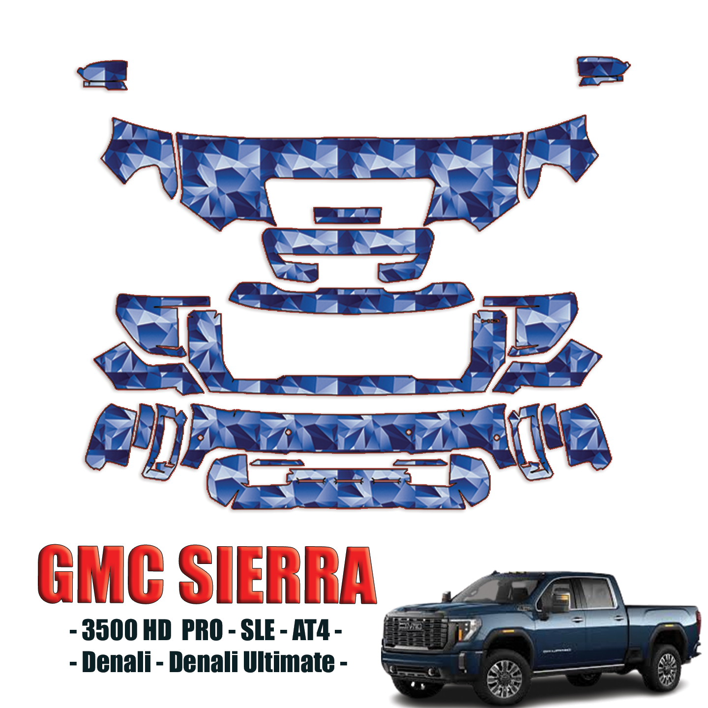 2024-2025 GMC Sierra 3500HD – Pro, SLE, AT4, Denali, Denali Ultimate Precut Paint Protection PPF Kit – Partial Front