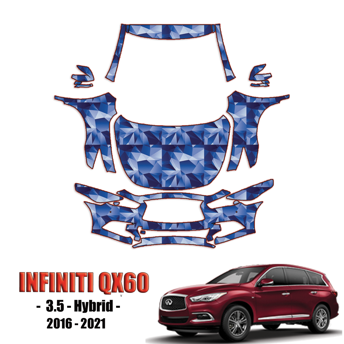 2016-2021 Infiniti QX60 – 3.5, Hybrid Pre Cut Paint Protection Kit – Full Front + A Pillars + Rooftop