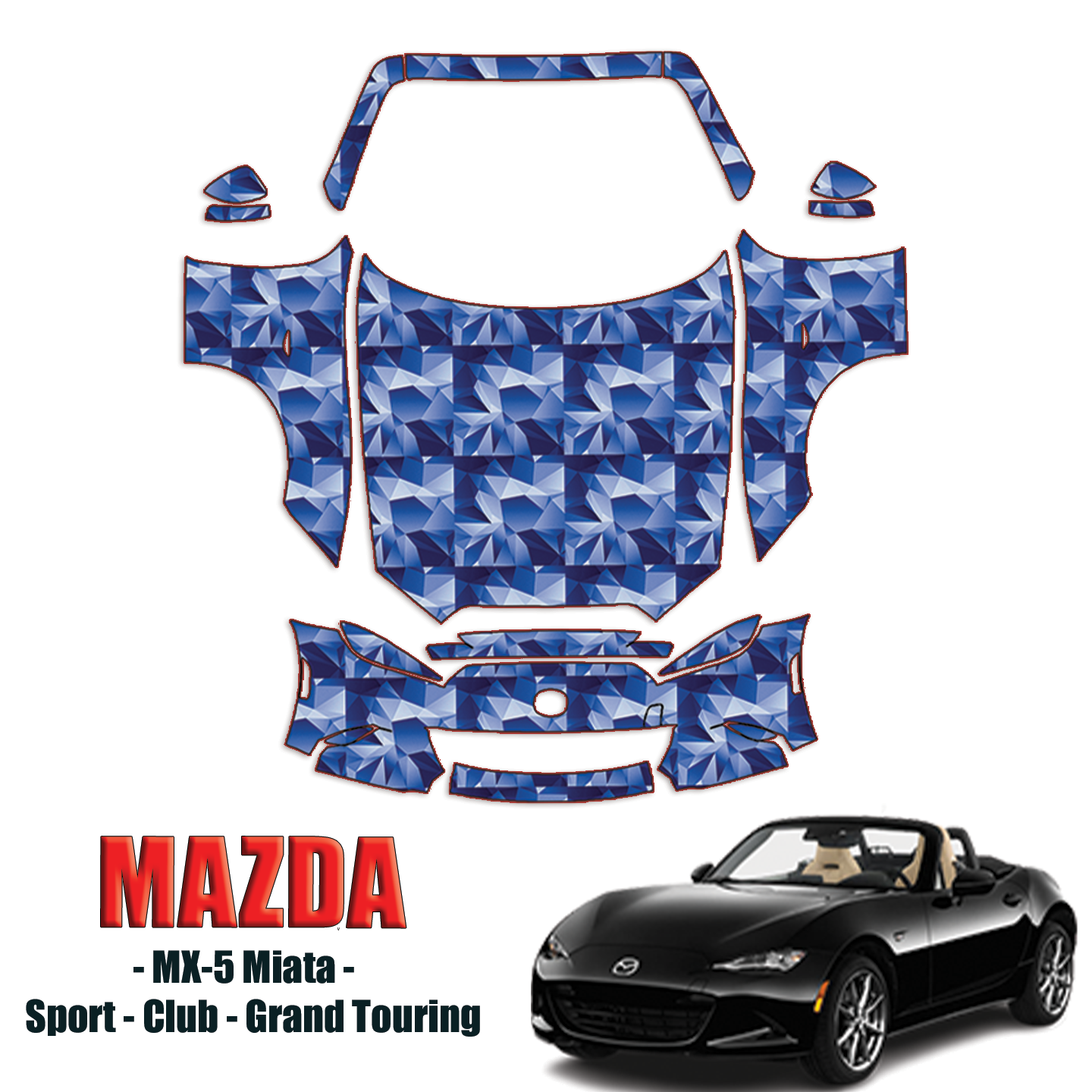2016-2024 Mazda MX-5 Miata – Sport, Club, Grand Touring Pre-Cut Paint Protection Kit – Full Front + A Pillars + Rooftop