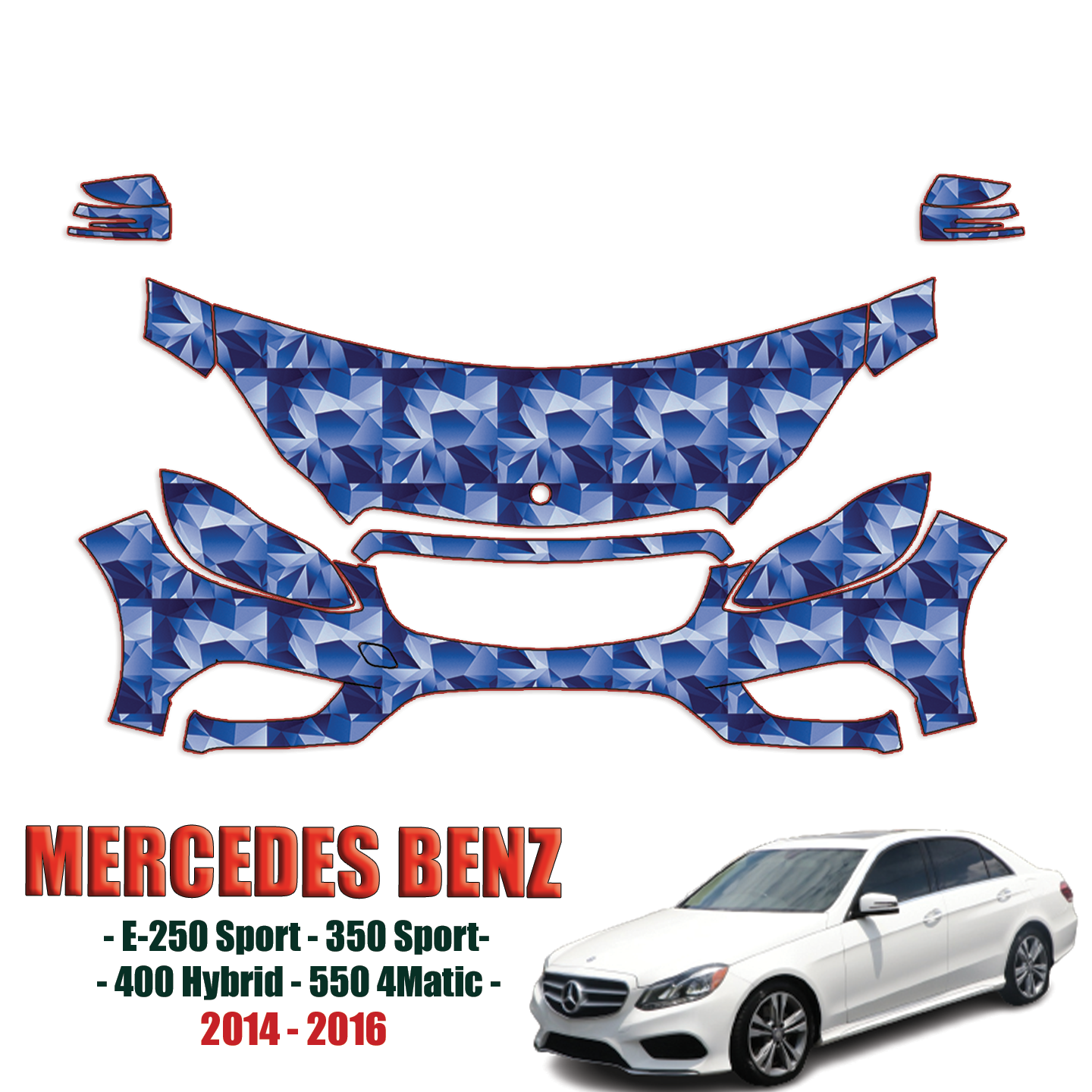 2014-2016 Mercedes Benz E-250 Sport, E-350 Sport, 400 Hybrid, 550 4matic Pre Cut Paint Protection Kit – Partial Front