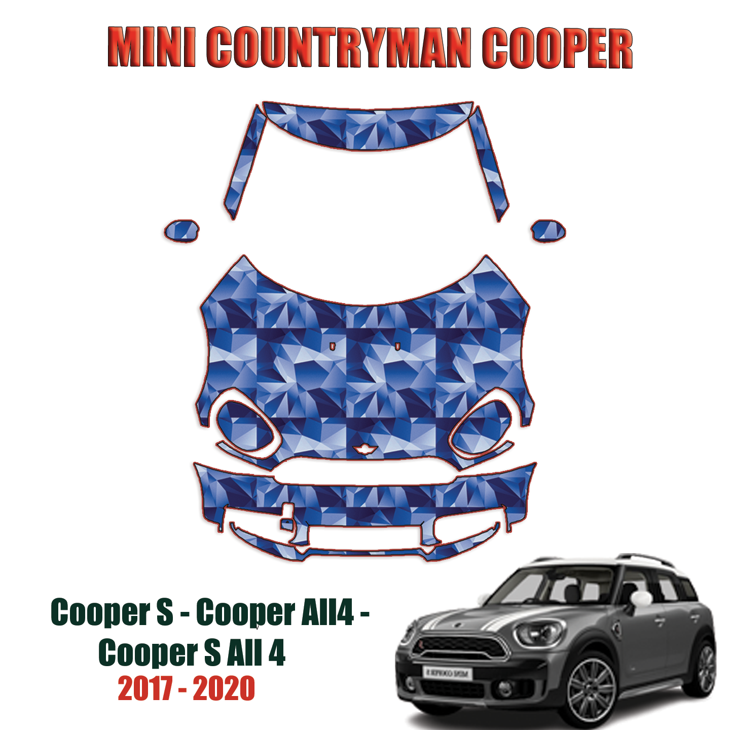 2017-2020 Mini Countryman Cooper – Cooper S, Cooper All4, Cooper S All 4 Pre Cut Paint Protection Kit – Full Front – A Pillars + Rooftop