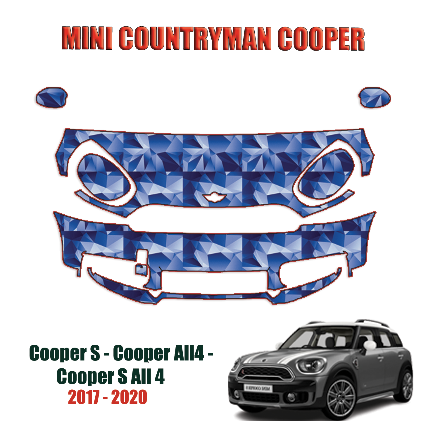 2017-2020 Mini Countryman Cooper – Cooper S, Cooper All4, Cooper S All 4 Pre-Cut Paint Protection Kit – Partial Front