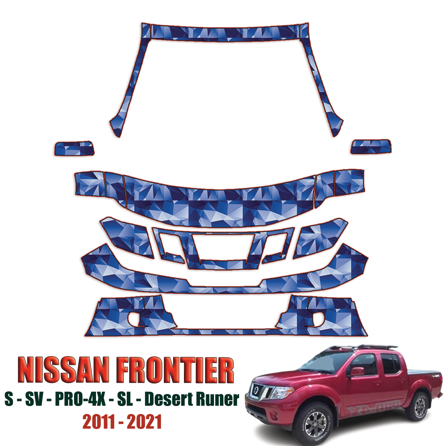 2011-2021 Nissan Frontier – S, SV, Pro-4X, SL, Desert Runner Precut Paint Protection Kit – Partial Front